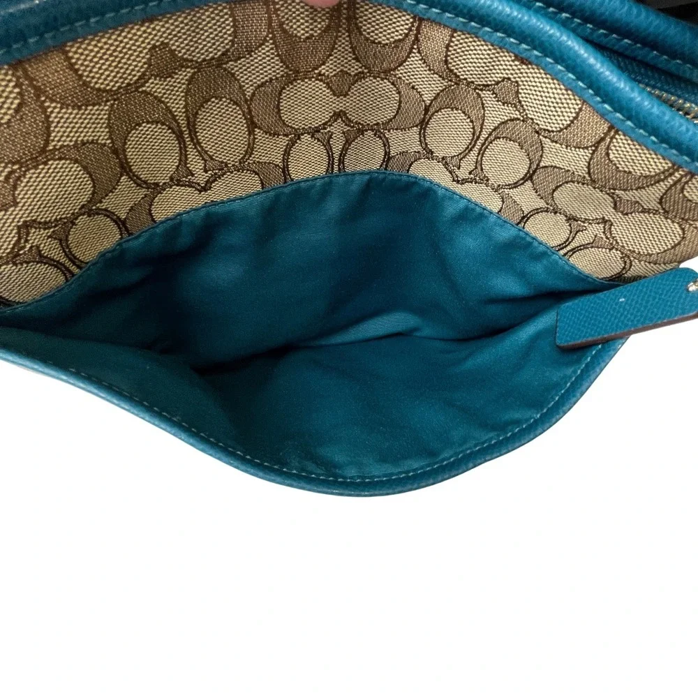 Coach Women Signature Monogram Crossbody Bag Purse Brown Teal Leather Trim *Flaw